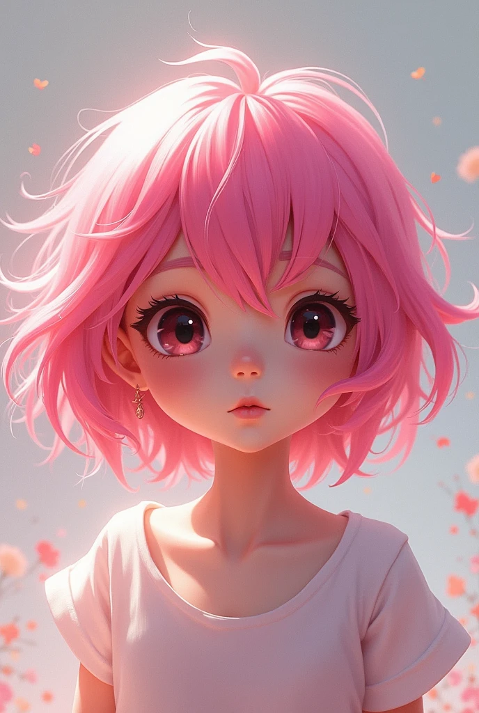 a girl with pink hair, dark shaped eyes, fly away, shorth hair, young and lively, that shows a lot of calm and confidence