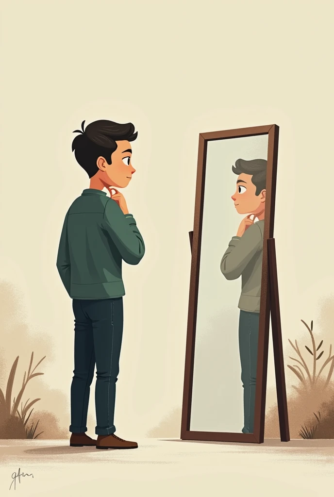 someone looking in the mirror represent the idea "managing emotions" in a very simple art style