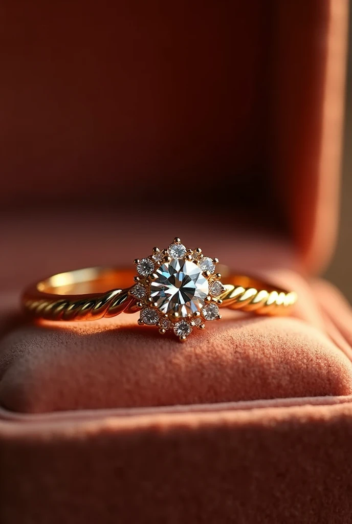 pair of wedding rings and engagement ring in gold color in a velvet box the men's ring is simple, only smooth and matching the women's ring the women's ring has a shiny minimalist diamond stone reminiscent of a flower with petals and around it a braided finish with small diamonds Inside the rings is written the word "AKAI TO"