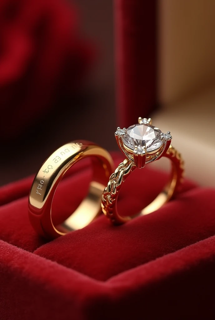 pair of wedding rings and engagement ring in gold color in a velvet box the men's ring is simple, only smooth and matching the women's ring the women's ring has a shiny minimalist diamond stone reminiscent of a flower with petals and around it a braided finish with small diamonds Inside the rings is written the word "AKAI TO"