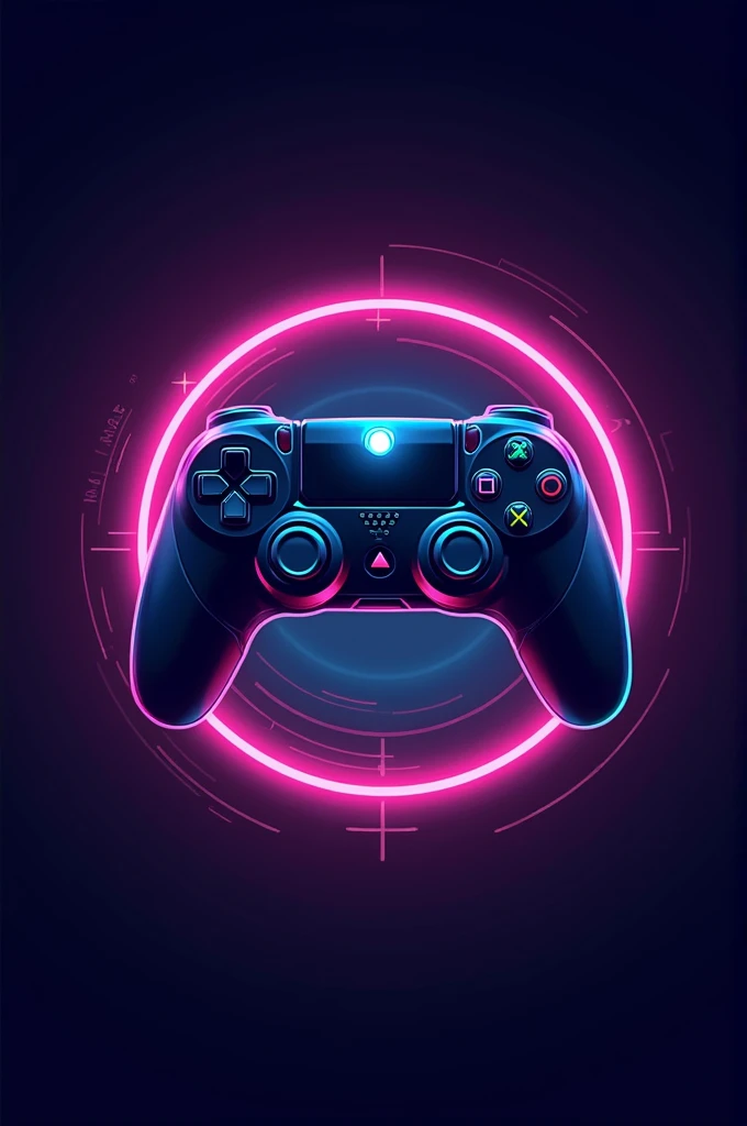 Logo for nerdy goods store, futuristic style with neon lights and colors, showing video game controller