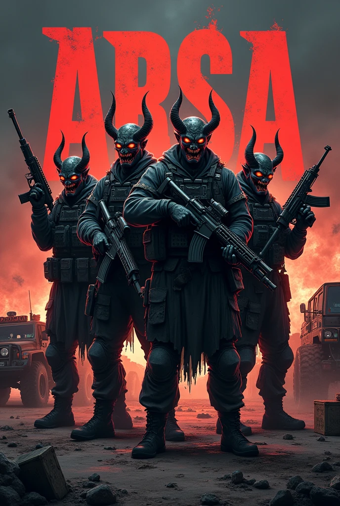 Generate a logo having 4 soldiers dressed as demons and holding guns. In the background written "ARSA" in denon font and dark colours. Overall view of image is in battlefield. There are cars, ammunition medkit and death crate around 