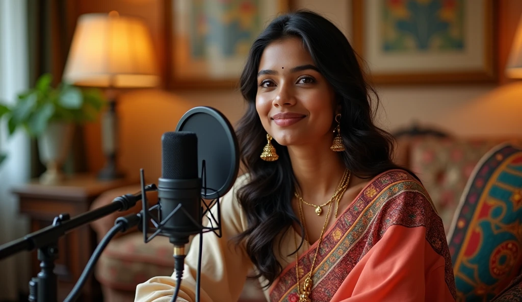 indian stylish girl doing podcast