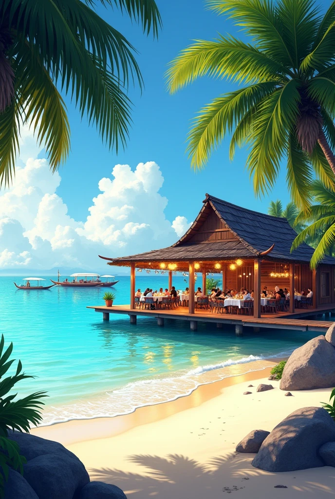 You are in a seafood restaurant floating on the beach。The environment is really beautiful。The sea is blue,Pleasant air。You can hear the sound of waves hitting the beach and the wind blowing gently。Next to the restaurant ,Coconut tree leaves swaying in the afternoon breeze,In the distance, several canoes can be seen stranded at the river mouth.。Describe atmosphere as well as color and movement by emphasizing natural panoramas。
