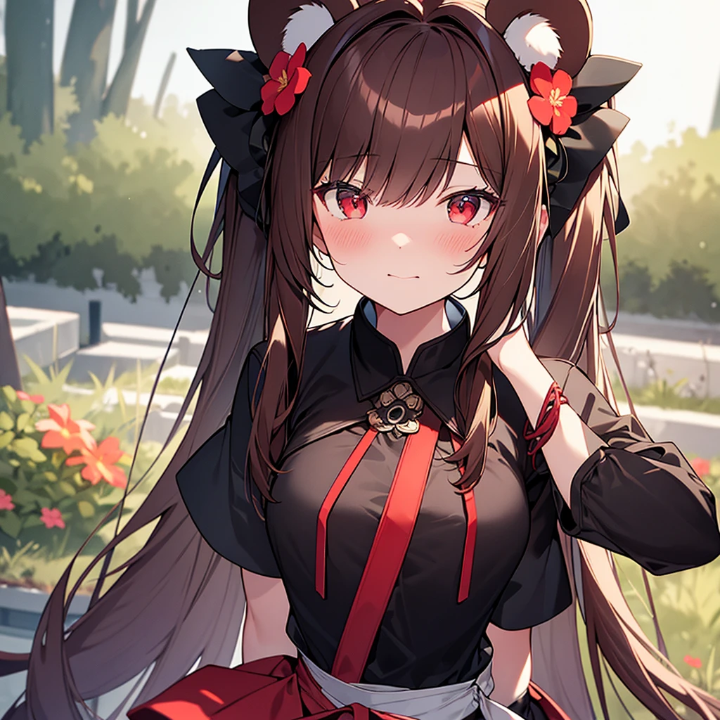 blushing, red eyes, brown hair, Twintail, long hair, Masterpiece, high resolution, best quality, Highly detailed, high resolutionสุด, 1 girl, Solo, chest, Panda ears, Hair flowers, student