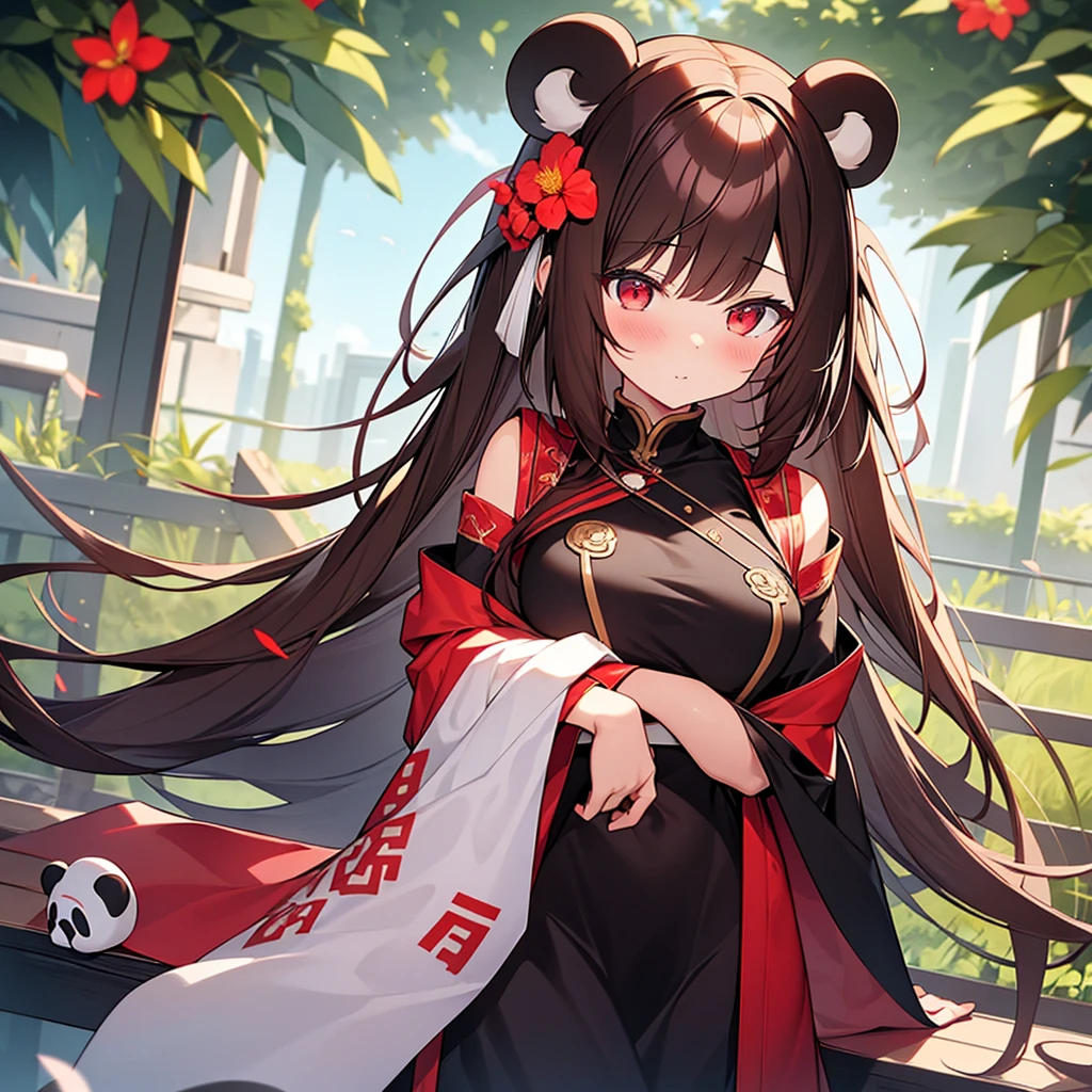 blushing, red eyes, brown hair, Twintail, long hair, Masterpiece, high resolution, best quality, Highly detailed, high resolutionสุด, 1 girl, Solo, chest, Panda ears, Hair flowers, student