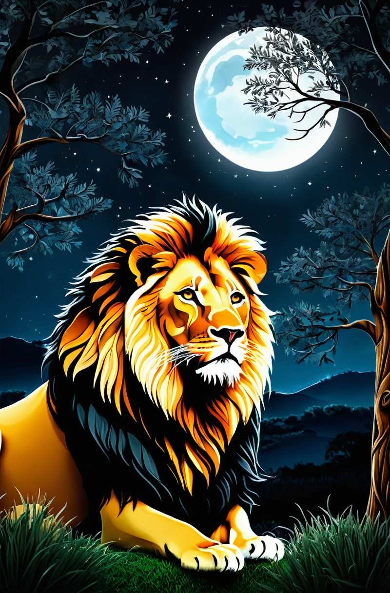 (((Masterpiece artwork))), best qualityer, illustration, beautifuldetailedglow, paper_hackear, lion, tree, ..moonligh