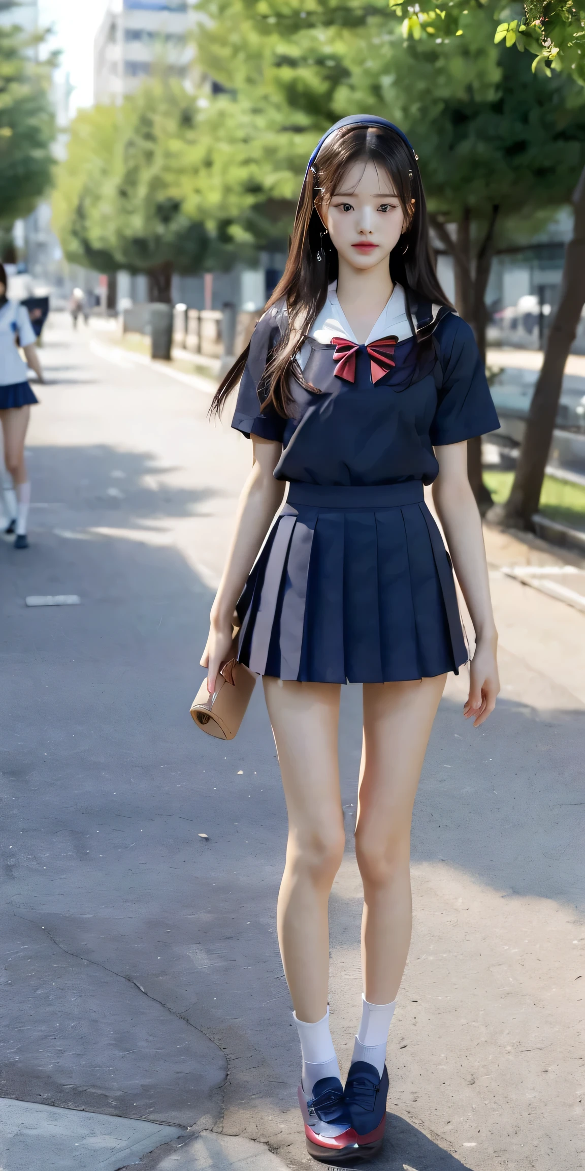 absurdes, RAW Photos, Very delicate and beautiful, masterpiece, Highest quality, Ultra-high resolution, 16K, hyperRealistic, Realistic, (((whole bodyショット:1.8)))，((Japanese high school girls in school uniforms:1.7)),((The background is a very stylish modern city:1.2)), ((It is a beautiful sidewalk that is ultra-modern and clean.:1.2)),(((whole bodyショット:1.8)))，((Checkered high school uniform short mini skirt:1.5)),((High school uniform summer short-sleeved white shirt:1.5)), ((Wear a red bow tie:1.6)),(((((Wear navy blue, very short ankle socks:1.8))))),((Wear black loafers:1.6))，(((Clothing that exposes a lot of bare skin:1.7)))，((Bare skin on feet:1.8))， ((Stand Upright:1.6)),((((Stand with your feet together:1.7)))),(Stand up straight:1.6),(Turn the whole body towards me),((((She looks just like Wonyoung from the Korean idol group IVE..:1.9))))，((Bare skin on thighs:1.8))，((Bare skin on lower legs:1.8))，(whole body :1.8),photoRealistic, photo-Realistic, Very detailed, Perfect ???????, Very detailed肌, Perfect figure, Very detailed CG 8k wallpaper, Erect nipples, perfect nipples, Perfect breasts, Perfect hands, Perfect Fingers,  Fair skin, Medium chest, blush, the wind is strong,Long legs，Thin legs， sexy legs,Sunny daytime,9 heads and body beauty, Fluffy hair, bangs,Green roadside trees can be seen in the background., (2 people :1.5), Small Ass，long and thin arms，Long legs, Mid-chest, Beautiful Hair,Hands down,Tight waist， friend,  smile,cute,Beautiful girl happy,Medium chest,  Laughter,Black Hair, Tight waist，((Height 173cm:1.3))，Slim model body shape，(slim and muscular athletic build:1.3)，(slim but muscular legs)，(Thin thighs)，(Long thighs)，1 person,Long legs，((((Anatomically correct:1.4))))