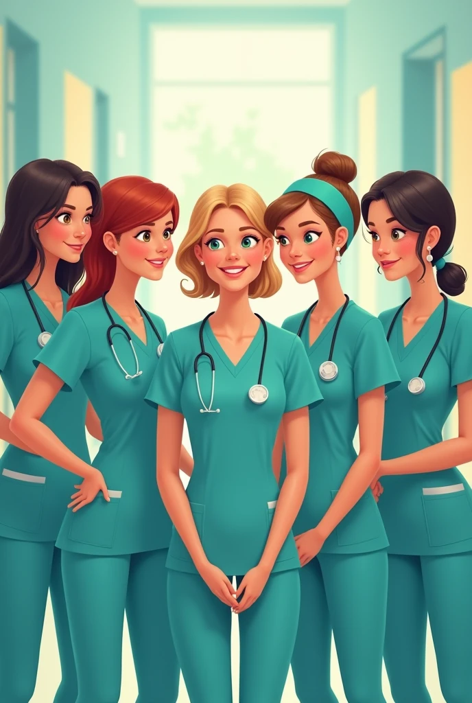 Six nurses in cute turquoise uniforms are looking ahead together