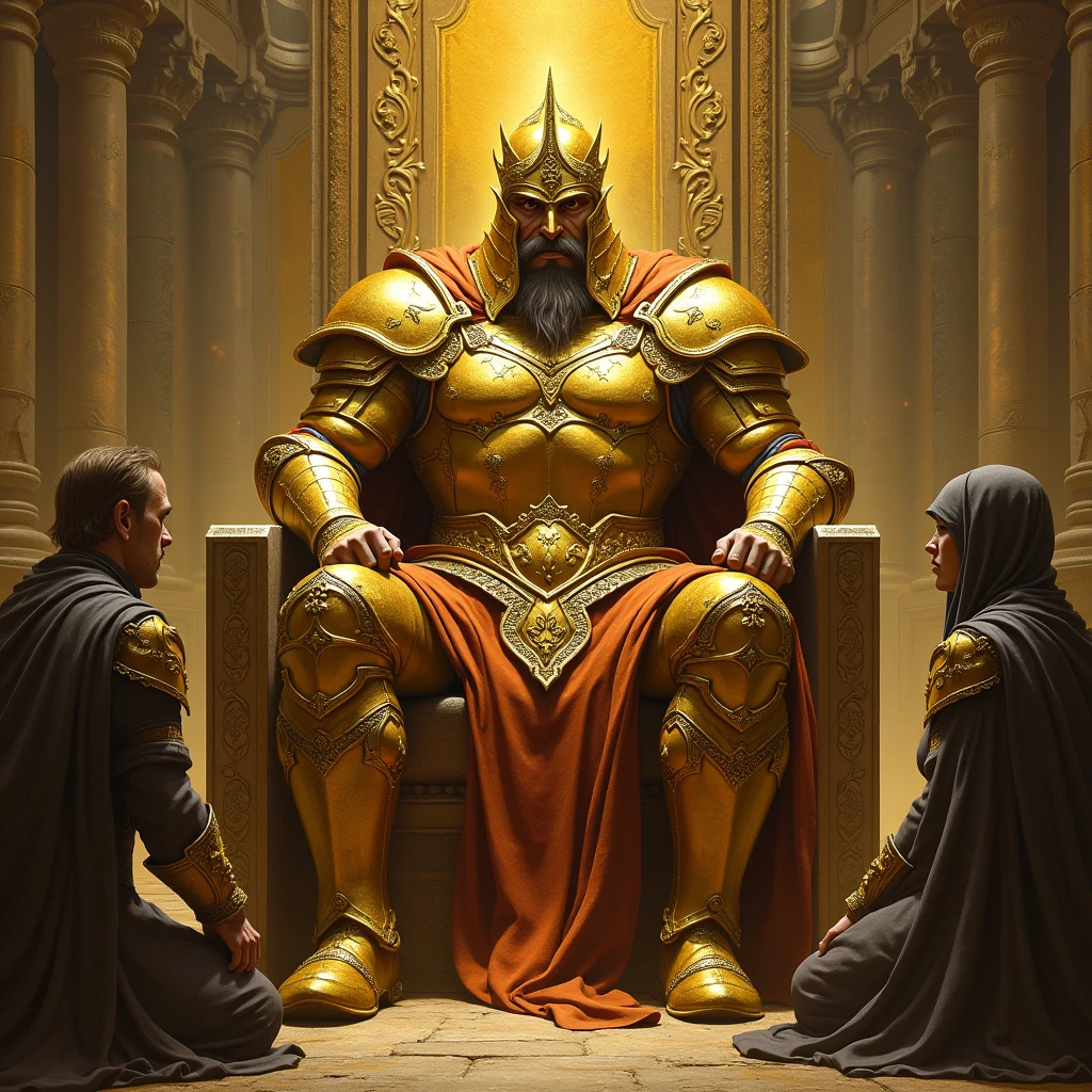 A Muscular Man Covered head to toe in a golden shining Armor, even his face hidden by the golden armor, Sitting on a throne Surrounded by two of his subjects in his citadel
