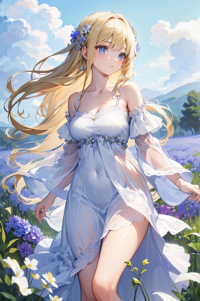 1girl, off-shoulder dress ,detailed, (best quality,4k,8k,highres,masterpiece:1.2), (realistic,photorealistic,photo-realistic:1.37), long blonde hair,flat chest, very light blue eyes, very slim, serene expression, standing in a field of wildflowers, soft natural lighting, vibrant colors, ethereal atmosphere