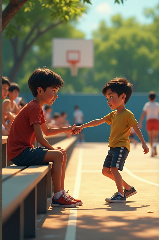 A lonely boy sitting on the bleachers watching a basketball game. Another boy runs over, enthusiastically pulls him into the game. The shy boy hesitates but quickly starts laughing as he joins in.
