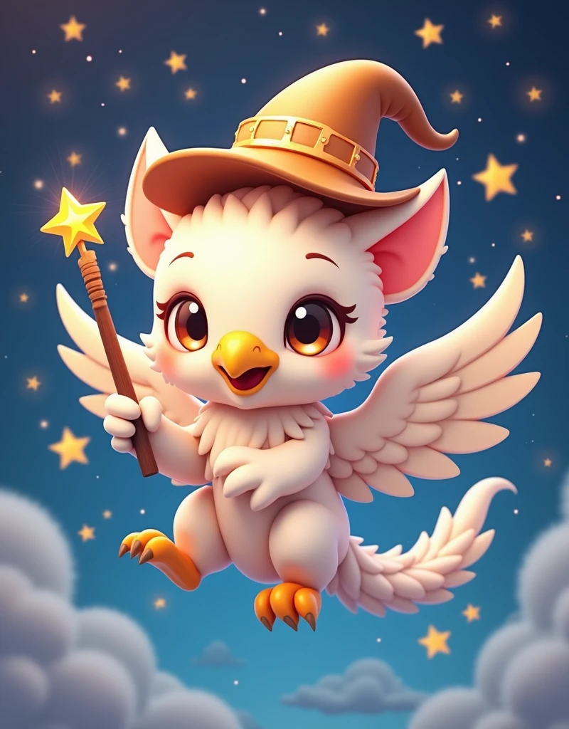 digital 3D artwork, a cute chibi griffin with eagle beak holding magician wand and wear magician hat, she is flying, stars popping arround her