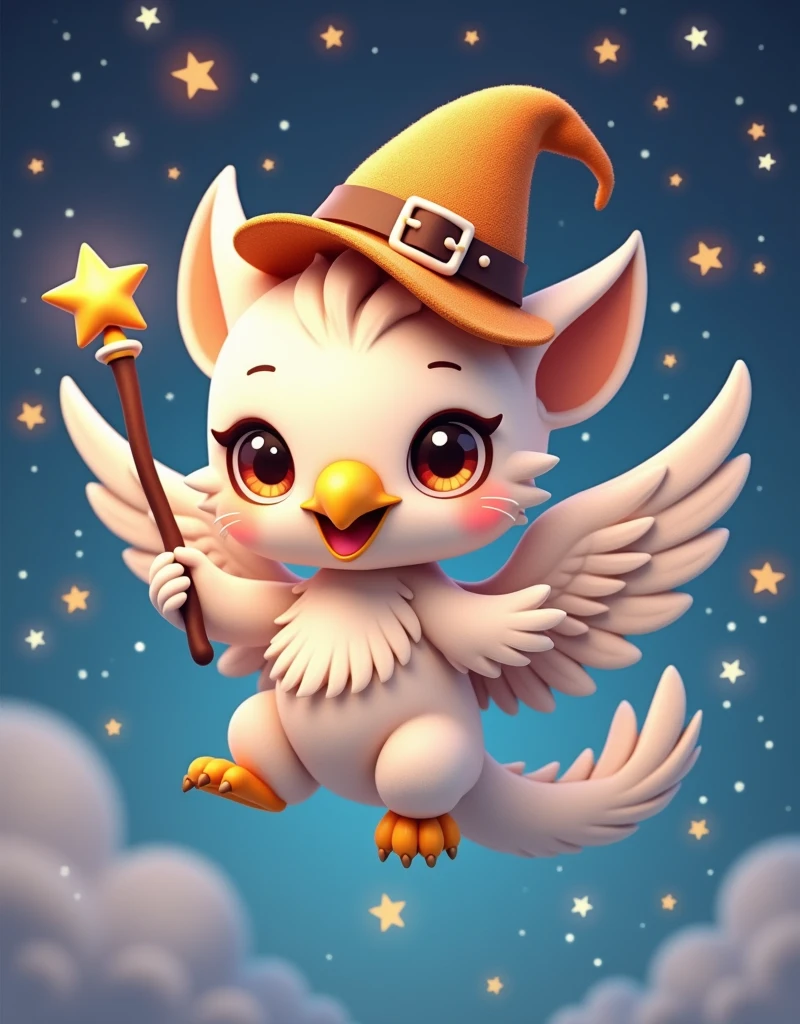 digital 3D artwork, a cute chibi griffin with eagle beak holding magician wand and wear magician hat, she is flying, stars popping arround her