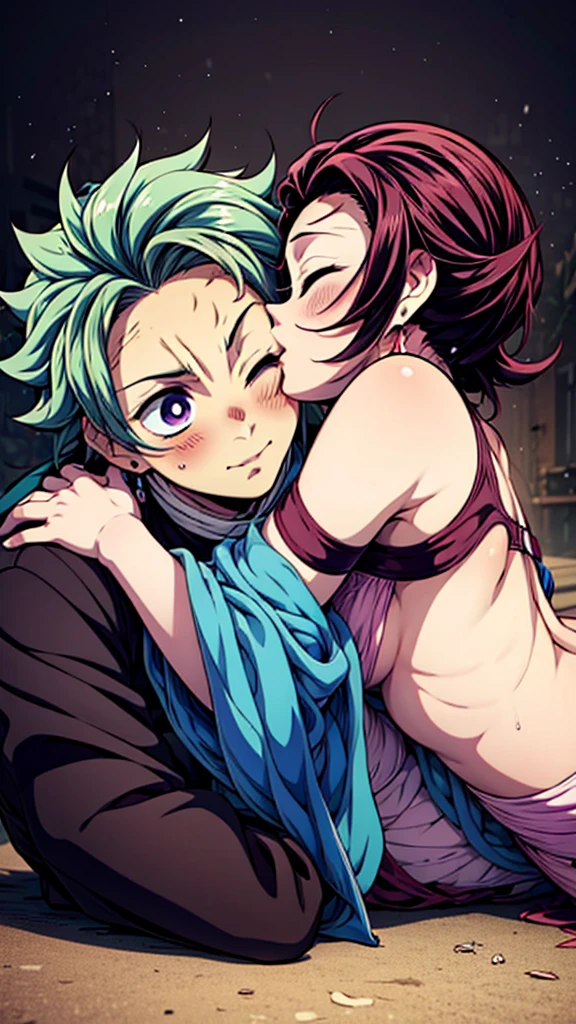 (32K:1.9, Realistic:1.9, Highest quality, masterpiece, Ultra-high resolution), Perfect dynamic composition:1.3, Highly detailed skin and facial textures:1.3, Cute sexy slim Japanese girl, (Slimman, height: about. 175cm), (They both close their eyes, A man hugs and kisses a woman:1.3), Fair skin, ((Clarity:1.1)), (Man is anime「Demon slayer」tanjiro kamado:1.3, Same hairstyle and clothes as him:1.3, beautiful目:1.3), (Women are anime「Demon slayer」nezuko kamado:1.3, Same hairstyle and clothes as her:1.3, Hair is black:1.3, smile:0.9, A man completely charms a woman:0.9, beautiful Blue Eyes, beautiful, Clear Eyes:0.8), Sexy Face:0.4, blush:1.1, (beautifulエロティシズムを醸し出す雰囲気:0.8), Professional random camera work, Cinematic Lighting Effects, (Full Body Shot), (Too erotic), romantic, mysterious, Object of admiration, original, dramatic, artistic, Innovative, charm, Heartful, Fancy, Tilt, sense of loss, special, exciting, Extreme, sense of openness, joy, joyの表現, ((若さのcharm, 女性的なcharm))