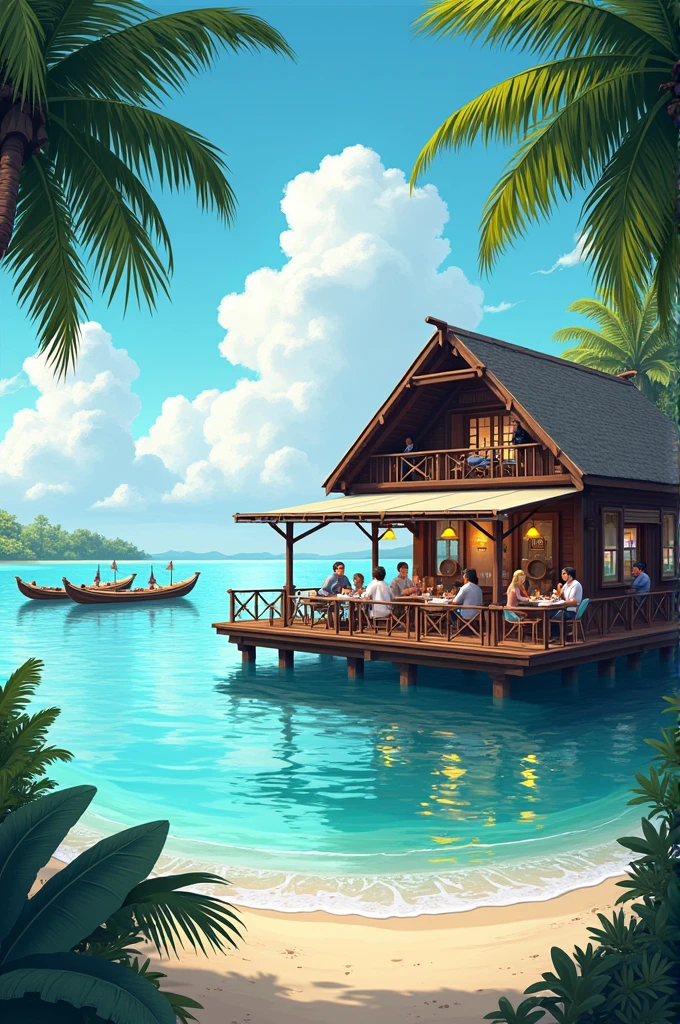 You are in a seafood restaurant floating on the beach。The environment is really beautiful。The sea is blue,Pleasant air。You can hear the sound of waves hitting the beach and the wind blowing gently。Next to the restaurant ,Coconut tree leaves swaying in the afternoon breeze,In the distance, several canoes can be seen stranded at the river mouth.。Describe atmosphere as well as color and movement by emphasizing natural panoramas。