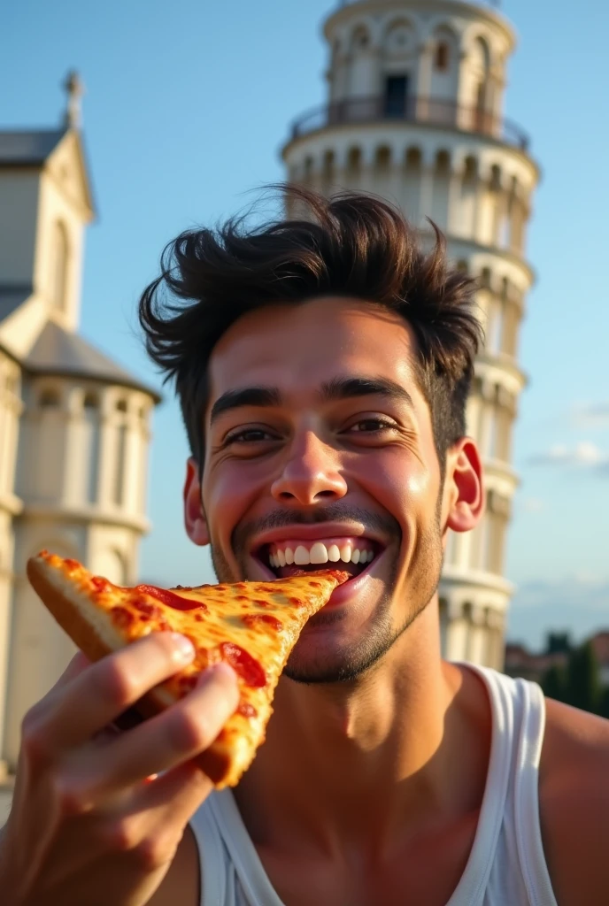photographyrealistic, a young man italian, Smile, pizza, pisa. ultra hd