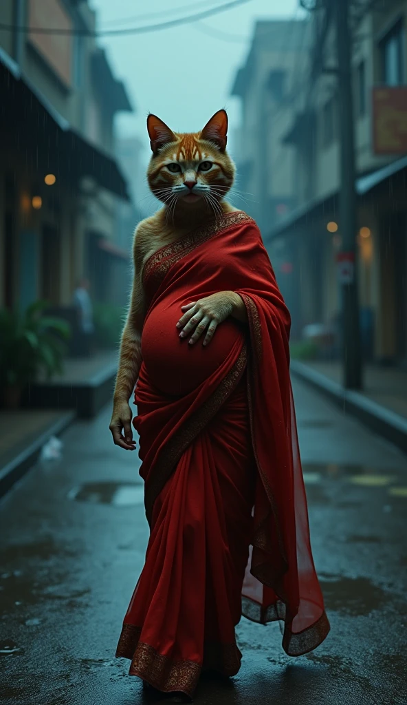 A humanoid pragnant white cat wearing a red saree, she is severely injured, curling protectively around her swollen belly on the cold pavement, her breath faint as rain continues to fall.