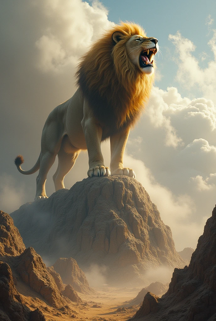 A big giant lion roaring in an big mountain in a sand desert area with fog and smoke and clouds covered