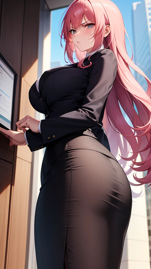 masterpiece, best quality, high detail, beautiful angry business woman, solo focus, long wavy hair, pink hair, (black blazer), (black midi pencil skirt), ((long skirt)), wide hips, office building, sexy pose, 