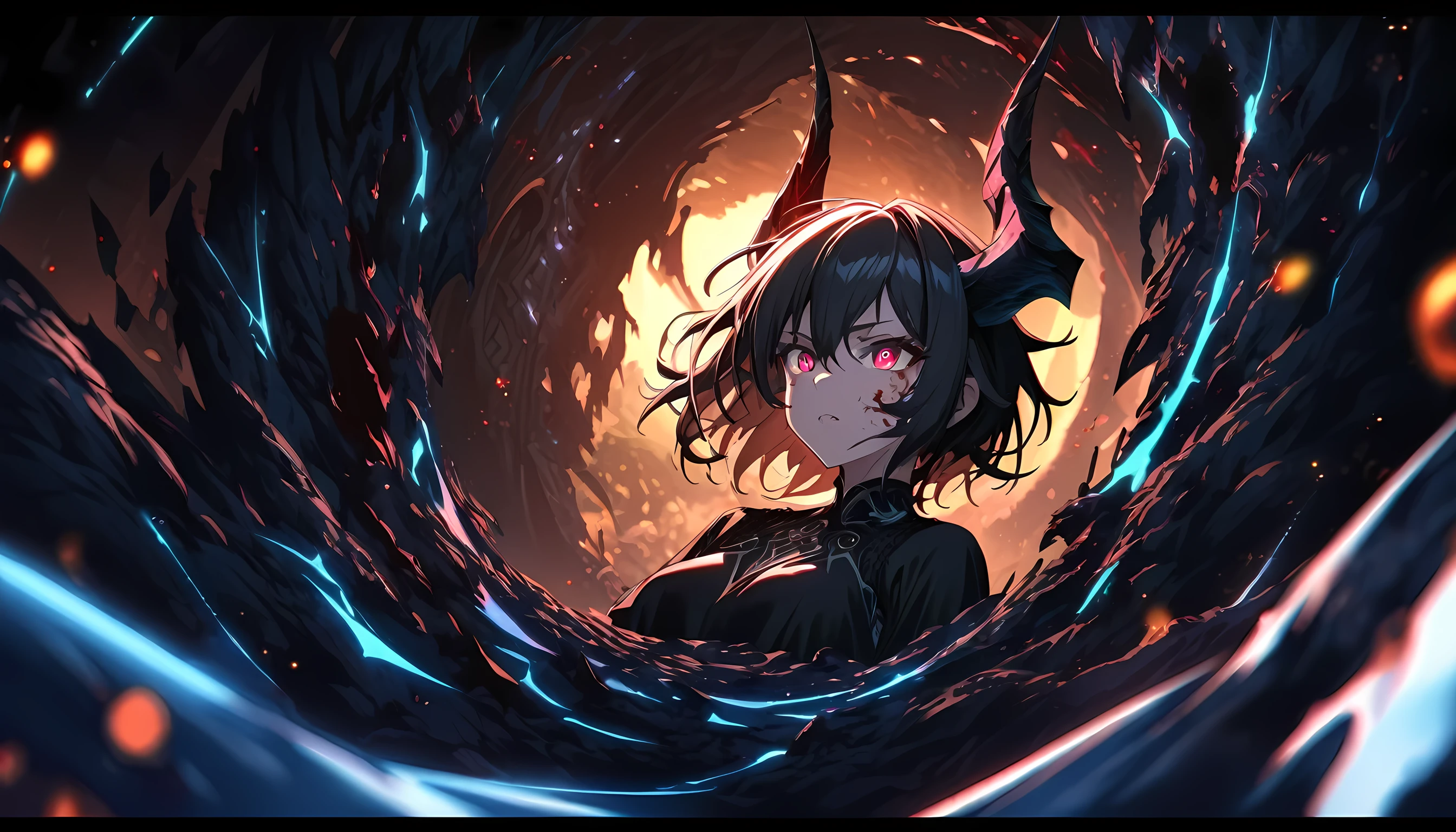 (masterpiece:1.2、highest quality), (Exquisite eyes: 1.2), monster girl, (Detailed Background、Dark fantasy), (beauty detailed face), High Contrast, (Best lighting、Very delicate and beauty), ((Cinema Lighting) )), colorful, Hyper Detail, Dramatic Light, Intricate details, (1 girl, abyss, dragon horn on head, solo, black short hair, black hair, Sharp Face, green eyes, light red eyes, black hair between the eyes, Dynamic Angle), (Blood splatter:1.4), Black light swirling around the character, Depth of written boundary, black light particles, Nightcore, black magician, Spectacular anime style, zerochan art, Anime Wallpaper, Burning, High quality anime art style, Key Anime Art