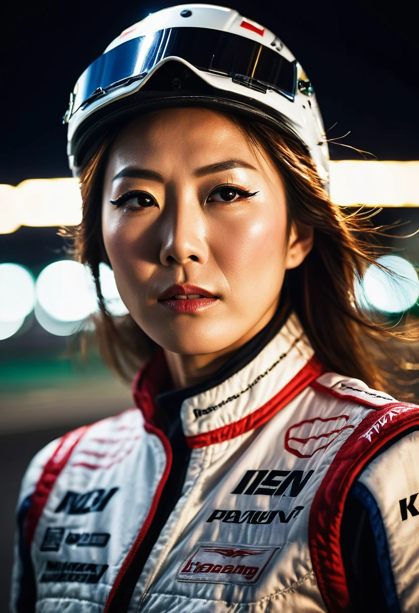 A close-up portrait of a Japanese race queen at a circuit, with dramatic lighting highlighting her expressive features. The background shows blurred racing cars, capturing the essence of speed and excitement. Use cinematic lighting to create a sense of movement and energy, focusing on her confident gaze and vibrant costume