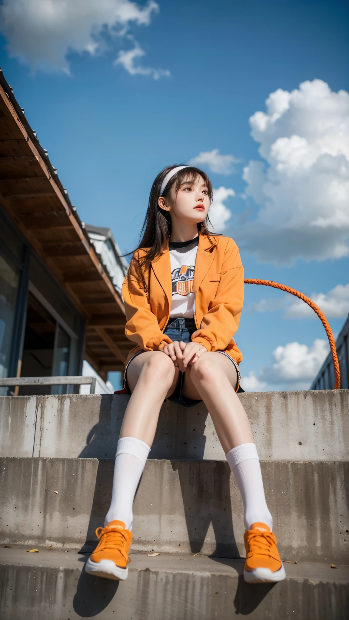 One girl,Orange shoes,alone,Sitting,null,cloud,Outdoor,Black Hair,bird,Upward view,blue null,White socks,Daytime,Orange jacket,building,Long sleeve,leaf,Long Hair,stage,red head band,Pump rope,head band,bangs,cloudy null,from_Under,wide_shot,