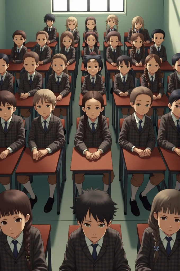 My class is quite and cemented the floor was invented to there are two rows was rows and girls rows there are 5 or 6 boys in their rows and 7 to 8 girls in girls rows everyone is in dark brown & white check shirt and peach brown pants girls are in two breads and boys have short hairs every one is in their well discipline every one is sitted on their iron benches which is attached from iron desk
The photo should be from front everyone's face should be visible