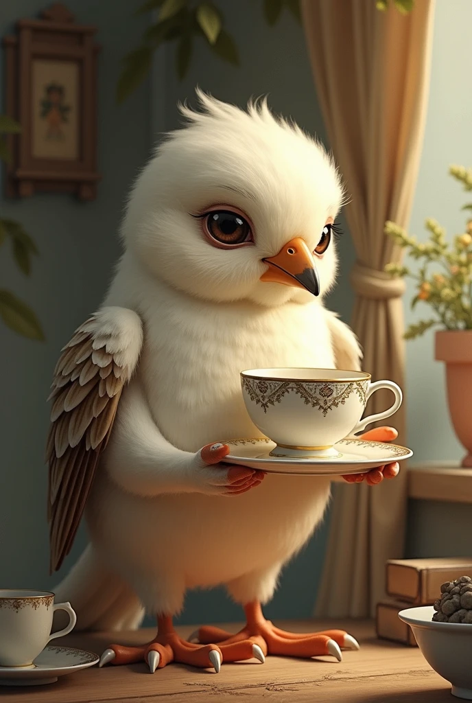 Bird hold cup  handle of tea with our hand