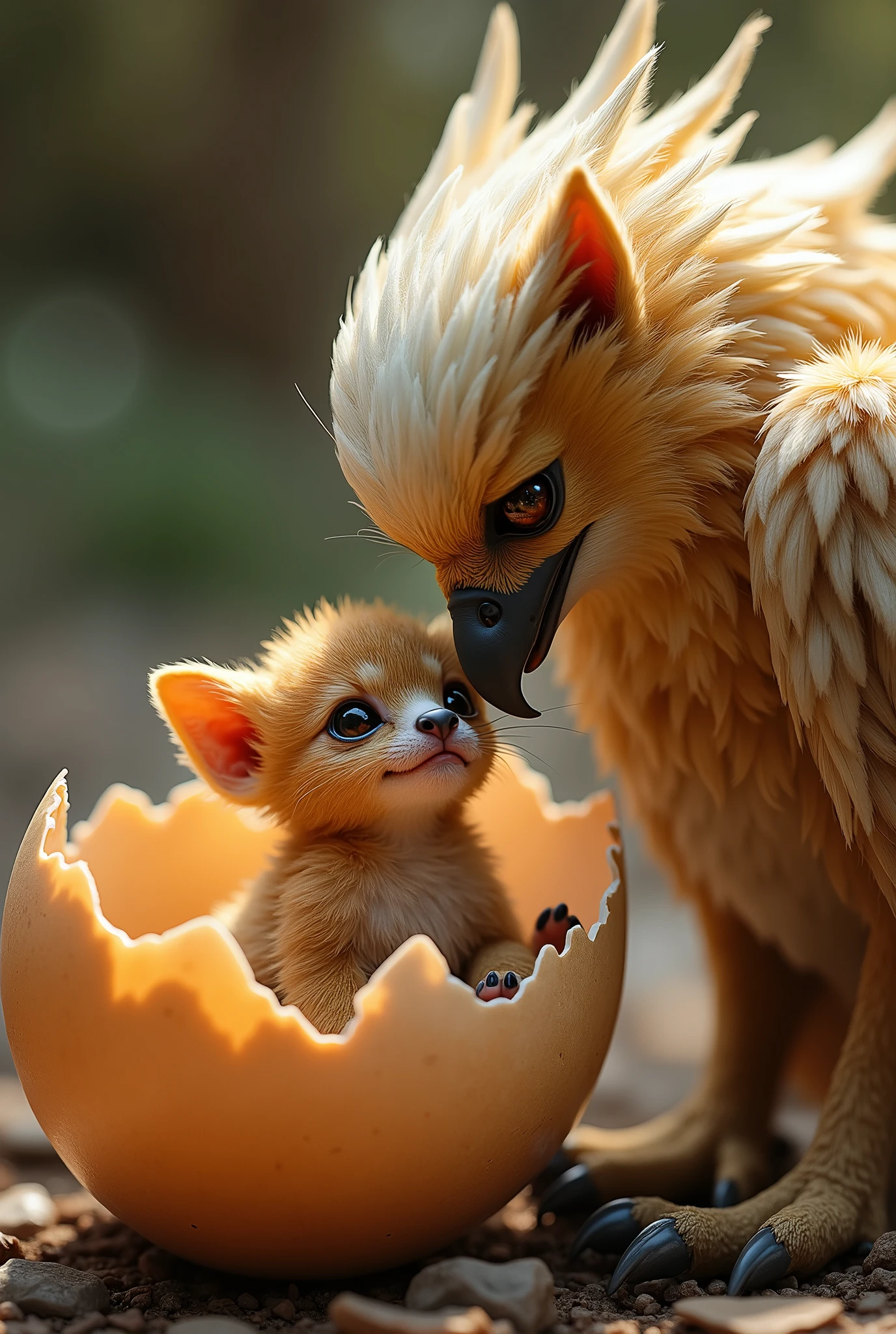 ((Griffin)),Mythological animals、卵から孵化するGriffinの雛、Emerging from the egg、very cute、((親のGriffinが顔を近づける))