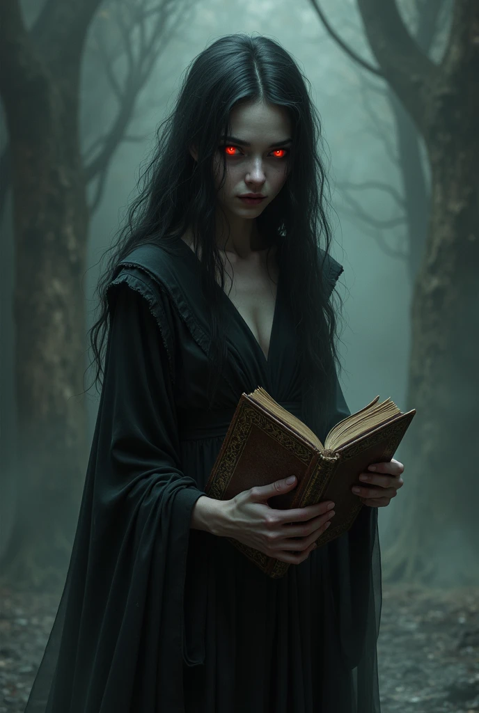 Witch ,forever Young , cursed skin ,black Robe ,very long Hair ,slim ,Slender ,flat chest ,DARK Magic , Red eyes , possessed by the Devil, cursed black Magic book,DARK Shadow spells
