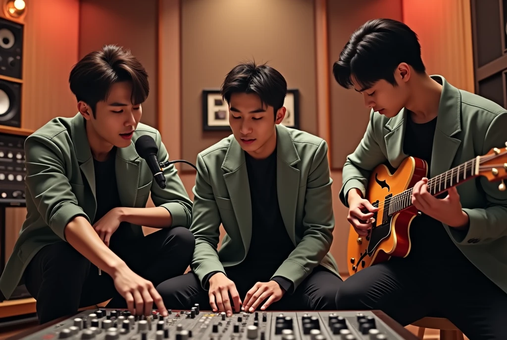 Three handsome Korean male band members are in a professional recording studio, each deeply focused on recording a song. The first member is standing in front of a microphone with headphones on, passionately singing into it. He has styled dark hair and is wearing a casual but stylish outfit. The second member, with a slightly wavy hairstyle, is seated at a mixing console, adjusting the sound levels with a serious expression. The third member, with short, sleek hair, is playing an electric guitar while sitting on a stool, lost in the music. The studio has modern equipment, acoustic panels, and warm lighting that creates an intimate atmosphere, highlighting the creative energy of the session.