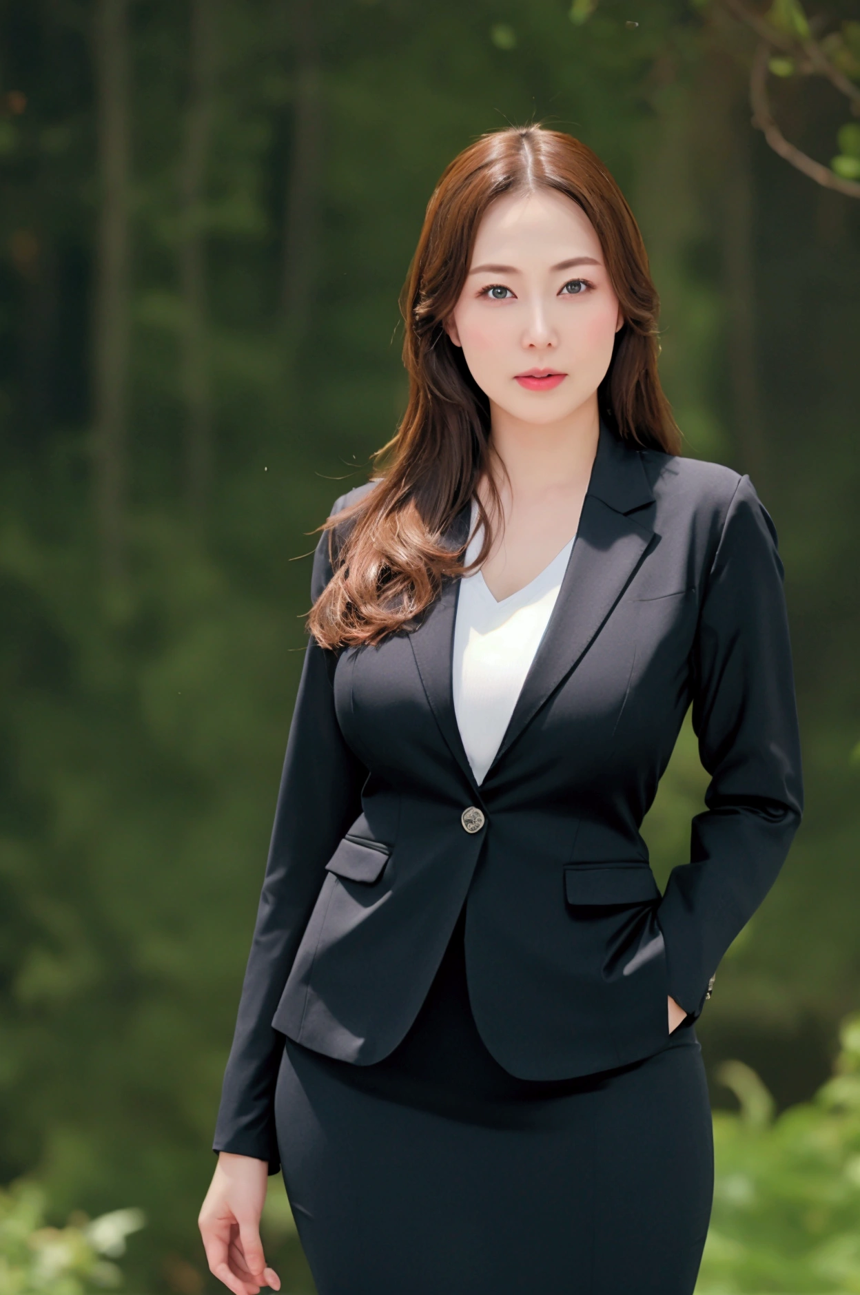 (1 Girl), beautiful, Stunning face and eyes, cosmetic, (极其细致beautiful脸庞), (The sexiest look), (beautiful big breasts:1.1), (best quality:1.4), (Extremely detailed), (Extremely detailed CG unified 8k wallpaper), Very detailed, RAW photos, Professional photography, ((Business suit)), (tight skirt), (Business shirt with opening), outdoor, ((Night Forest)), (Night Sky), Depth of Field,