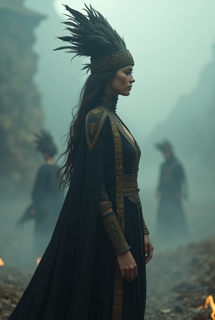 The scene is atmospheric and open, ancient sacrificial pictures, smoky and full of smoke, 1 female human with head cover bird feather, black robe with gold tribal pattern, black inner clothes, (detailed costume details, detailed clothing light sense), faintly appearing, detailed bird feather details, cumbersome and complex picture feeling, (full of weird and mysterious pictures), the background is cloudy, photos are realistic, 8k,