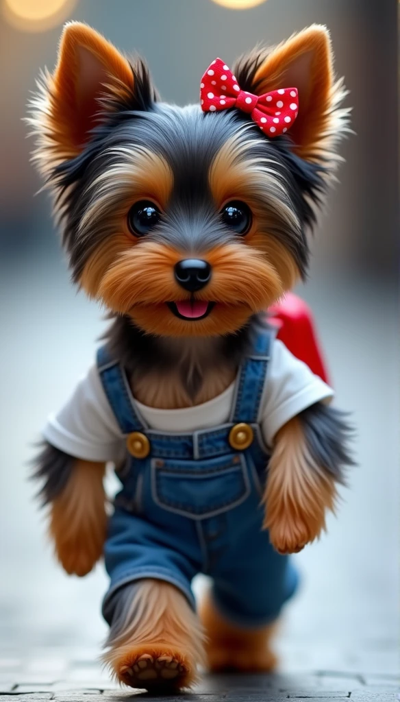 cute adorable Yorkshire Terrier puppy with a black-blue coat, lighter shades on face and paws. Her fur is long silky and smooth, triangolar ears, Fur length on the body: around 5 cm , Fur length on the ears: about 3 cm, ear dimensions: approximately 3 cm in length and 3 cm in width, fur length on the ears: about 3 cm. The Yorkshire  wears TWO small red bows with white polka dots and mid long pigtails on her head, and a jeans salopette with white T-shirt and colorful backpack, walking on runway. The puppy has sparkling eyes and a cheerful, slightly open mouth
