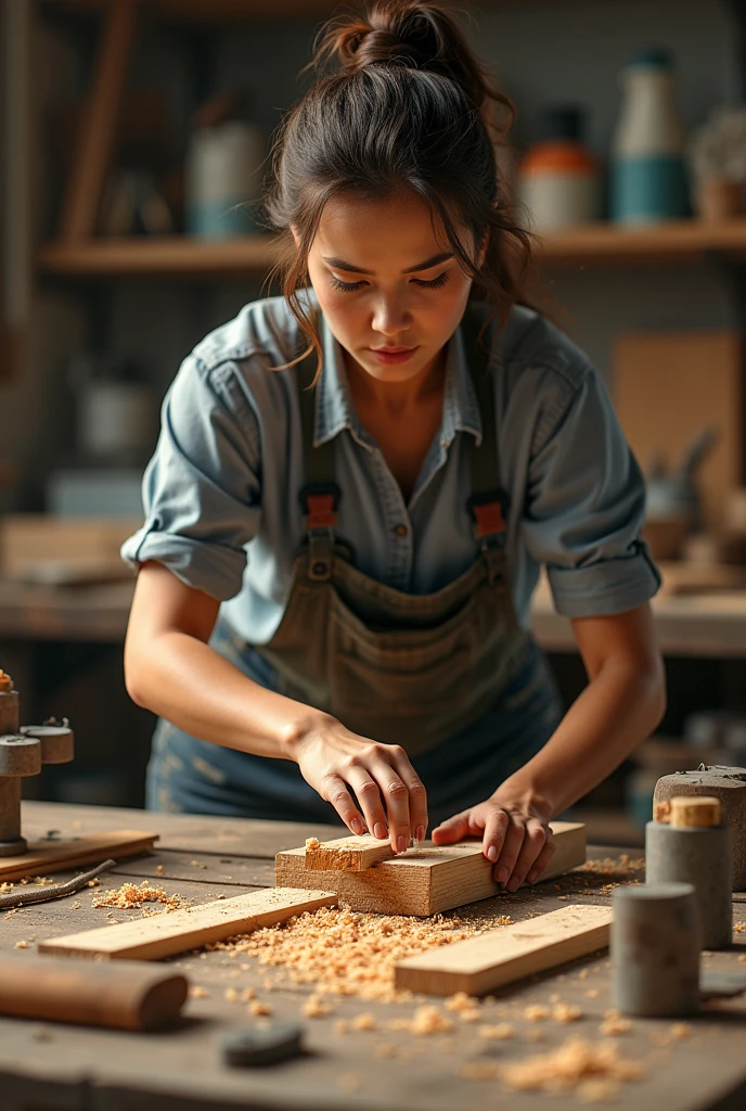 Wood cutting for women using cutter machine