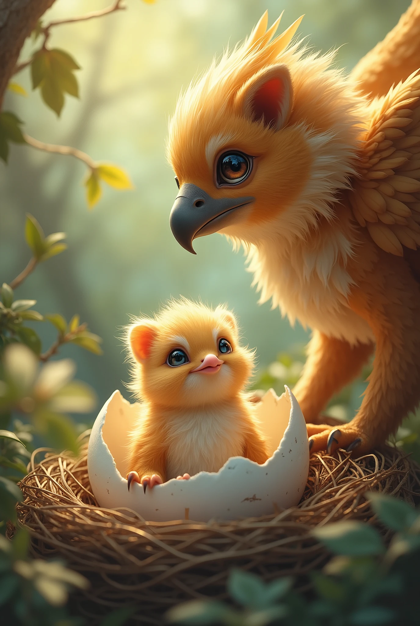 ((Griffin)), an animal with the head and wings of an eagle and the lower body of a lion, a mythical animal, a griffin chick hatching from an egg, peeking out from the egg, very cute, ((The parent griffin approaches with its face))