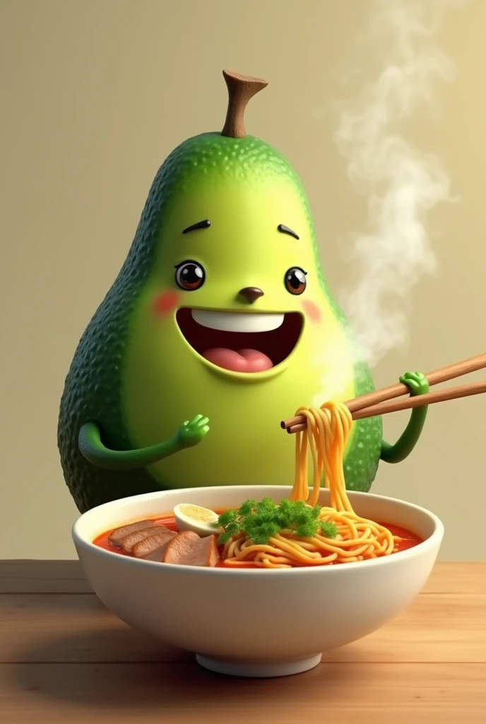 Avocado with face eating ramen
