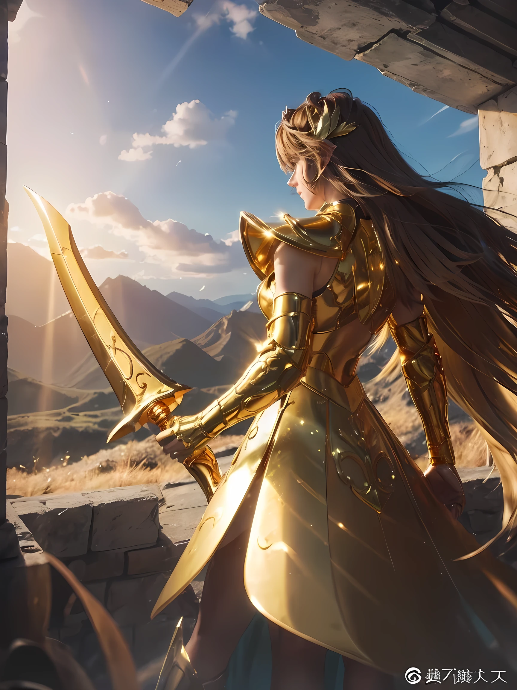 Create a high quality image of a woman in full gold armor. She is depicted in a majestic pose, Standing proudly in a magnificent background. Her armor shines gold., Reflecting the sunlight shining through the clouds. Her hair flows down her shoulders, frame her determined and confident face. In her hands, She has a sword or a shield, Be prepared to defend your cause bravely. background, Towering Mountain々and vast, Infinite Sky. This woman is a symbol of power and nobility., A courageous leader who can face any challenge.