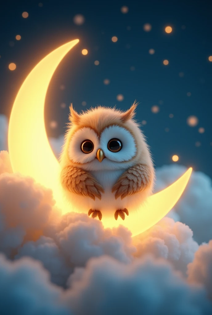 A highly detailed, photorealistic 4K image of a cute, fluffy owl perched on a glowing crescent moon in a whimsical, dreamy night sky. The owl has soft, downy feathers in shades of light brown and white, with big, curious eyes. It is hugging the crescent moon with its wings wrapped around the curve, looking calm and serene. The moon emits a warm, golden glow that softly lights up the owl and casts gentle shadows on its feathers, enhancing the magical atmosphere. The background is filled with softly twinkling stars scattered across a deep, velvety blue sky, with fluffy clouds hovering below, creating a sense of depth and tranquility. The scene feels like a page out of a children's bedtime storybook. Art inspirations: Enchanted realism, celestial whimsy. Lighting: Soft, glowing moonlight with subtle star effects. Camera: Close-up with a slight upward perspective to emphasize the owl and the celestial setting. Render: Redshift Render, 8K resolution.