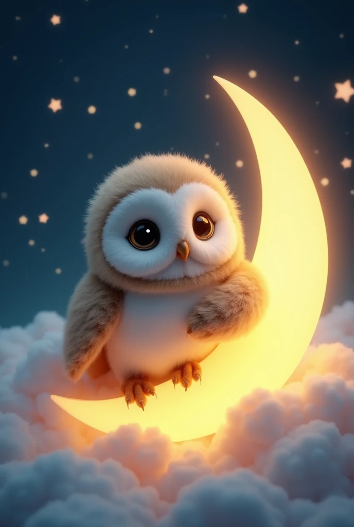 A highly detailed, photorealistic 4K image of a cute, fluffy owl perched on a glowing crescent moon in a whimsical, dreamy night sky. The owl has soft, downy feathers in shades of light brown and white, with big, curious eyes. It is hugging the crescent moon with its wings wrapped around the curve, looking calm and serene. The moon emits a warm, golden glow that softly lights up the owl and casts gentle shadows on its feathers, enhancing the magical atmosphere. The background is filled with softly twinkling stars scattered across a deep, velvety blue sky, with fluffy clouds hovering below, creating a sense of depth and tranquility. The scene feels like a page out of a children's bedtime storybook. Art inspirations: Enchanted realism, celestial whimsy. Lighting: Soft, glowing moonlight with subtle star effects. Camera: Close-up with a slight upward perspective to emphasize the owl and the celestial setting. Render: Redshift Render, 8K resolution.
