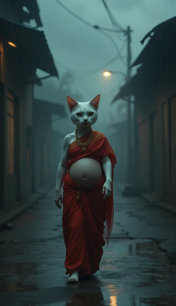 A humanoid pragnant white cat wearing a red saree her fur drenched from the rain, wandering alone through dark, empty streets under a gloomy night sky.
