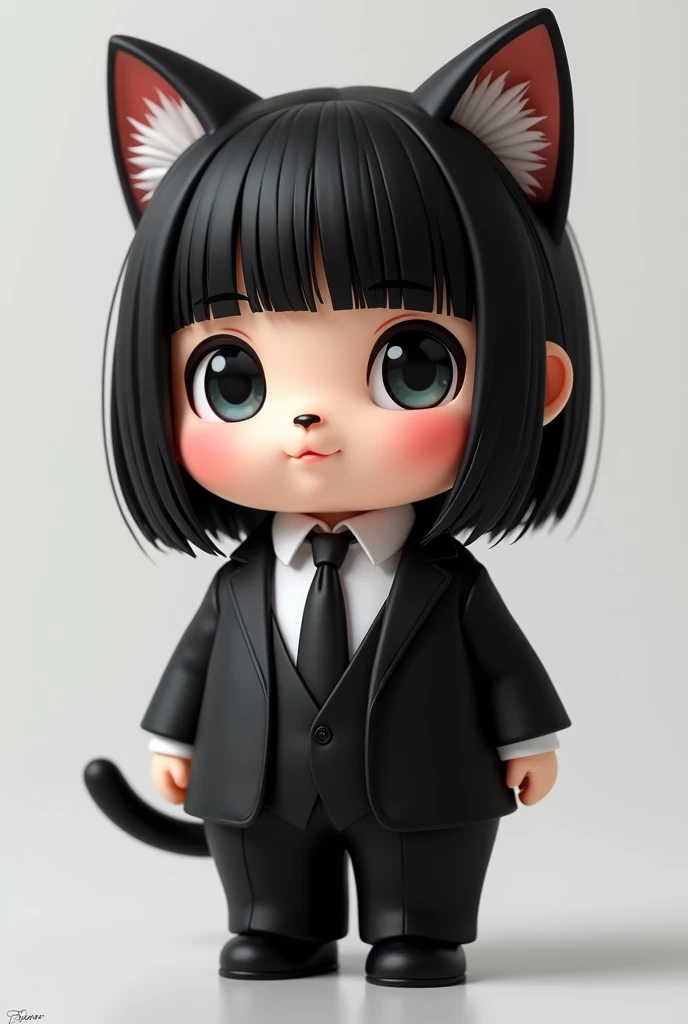 Imagine a character about 30 cm tall, which makes it quite small and compact. He has straight black hair, that falls into a simple and elegant fringe. The face is a little more rounded, since the character is kind of fat, which gives it a more cuddly and friendly look.
He wears an impeccable black suit, which is fitted to accommodate your fuller figure. The suit consists of a jacket and well-cut trousers, matching with a white shirt and a black tie.
His nose and mouth have feline characteristics., which gives it a cat-like feel. The nose is small and triangular, and the mouth is a