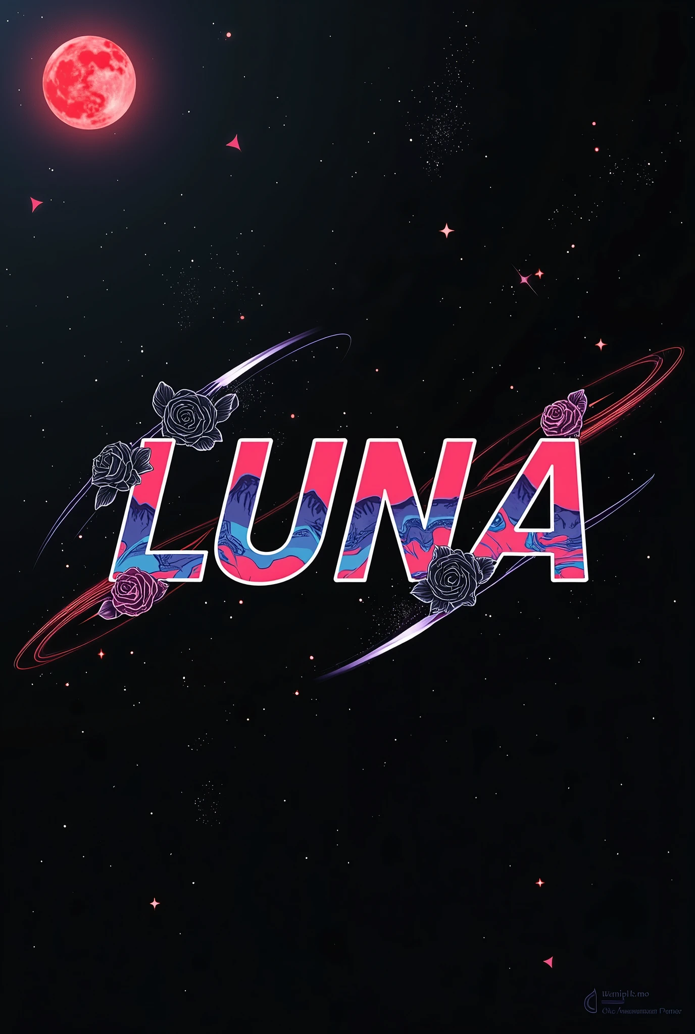 High resolution, logo spelling swiftly “Luna” cool, Jdm theme, anime theme, Cyberpunk vibe name spelling, brand logo, logo for tshirt, brand logo “LUNA”, neon vibes, acid trip vibes, acid trip, shooting stars, acid trip inside “LUNA”, acid trip, hallucinations inside “LUNA”, Waves of hallucinations, purple, techno hallucinations inside “LUNA”, Acid trip hallucinations inside “LUNA” , Waves of hallucinations inside “LUNA, splash, black roses with green leaves, blood moon, horror,