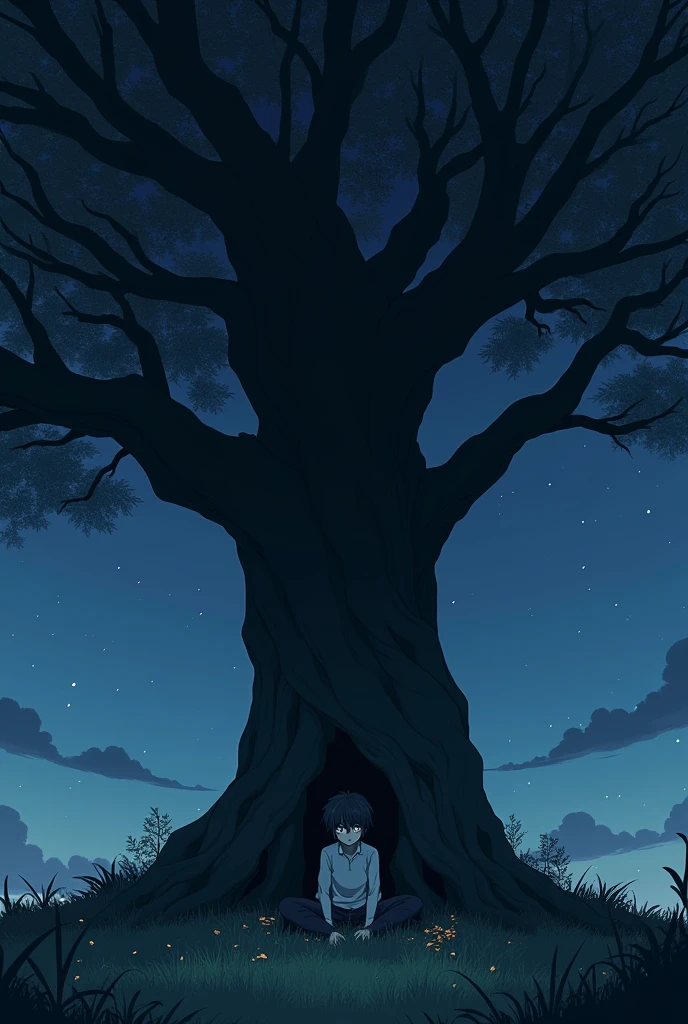 It's nighttime. There is a very old, very ancient tree. Beneath this tree sits a person who is very lonely and sad..create a anime of that 