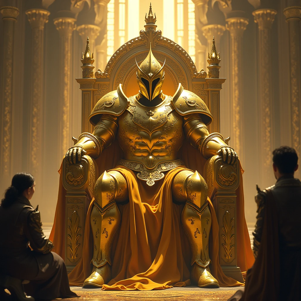 A fit tall built Man Covered head to toe in a golden shining Armor, even his face hidden by the golden armor, Sitting on a throne Surrounded by two of his subjects in his citadel 