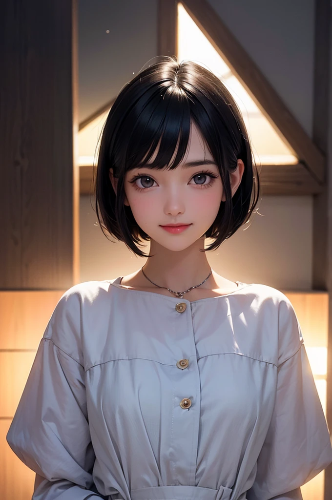 ((masterpiece, best quality, ultra-detailed, high resolution, extremely detailed CG, super detailed, Most beautiful clean lighting)), 1girl, small girl, under 12, cute girl, pretty face, smile, white skin, Beautiful black hair, hair cut in a row, bob cut, straight hair, black eyes, kawaii, slender, small build, kawaii, little body, divine garment, fantastic landscape, ultimate beauty