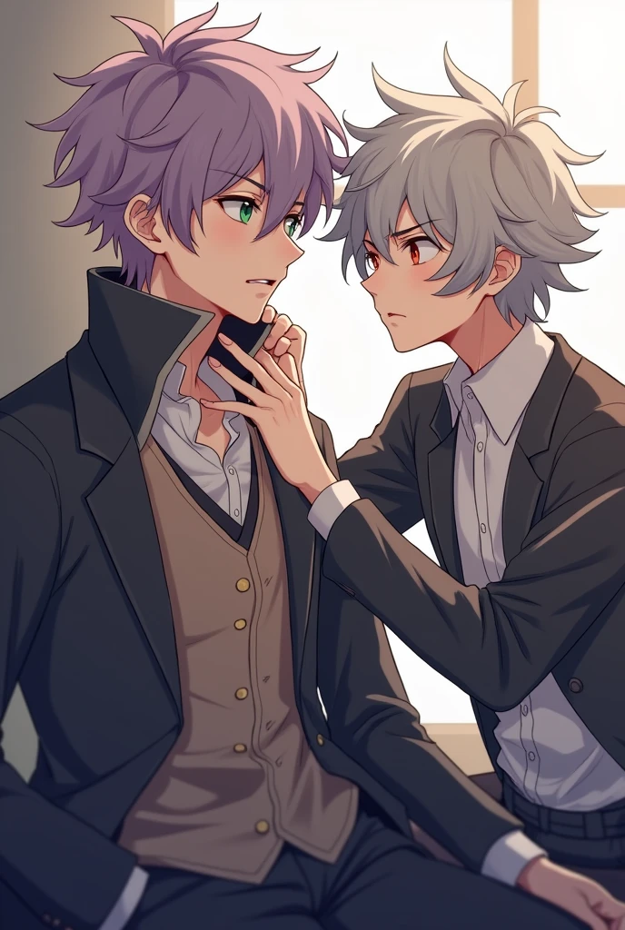 A handsome Japanese teenager. Short and messy lilac hair color. yeux vert clair. tanned skin. Wear an outfit'aristocrate cool. elongate. Assis. arrogant. Another boy. short messy gray hair. Orange eyes. holds the seated boy's collar, annoyed expression. Japanese man.