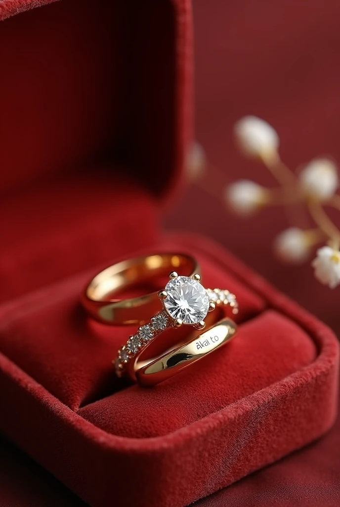 pair of wedding rings and engagement ring in gold color in a velvet box the men's ring is simple, only smooth and matching the women's ring the women's ring has a shiny minimalist diamond stone reminiscent of a flower with petals and around it a braided finish with small diamonds Inside the rings is written the word "AKAI TO"