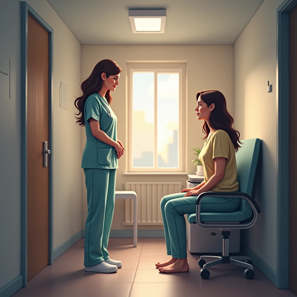 nurse welcoming a victim of domestic violence with the phrase written on it "nurse' Supporting victims of domestic violence is essential, because、Because it provides a safe and empathetic space., Active listening and comprehensive care、A place that promotes physical and mental recovery for these individuals.."